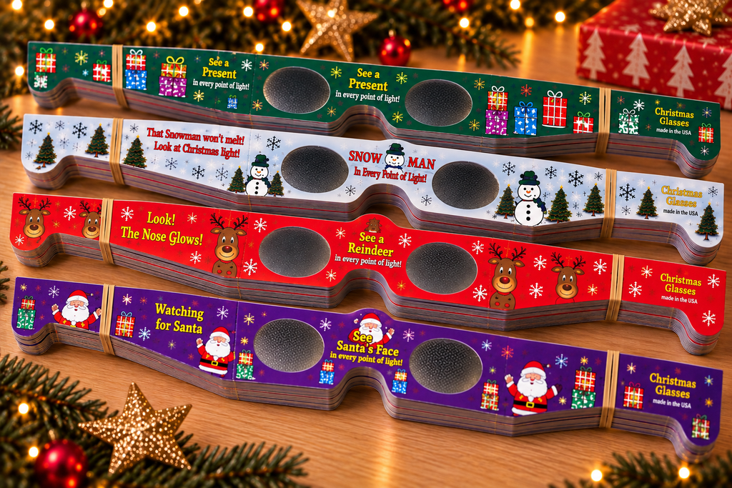4 lots of Christmas Glasses bundles. Each bundle has 25 pairs. 4 designs are Snowman, Santa, Presents and Reindeer