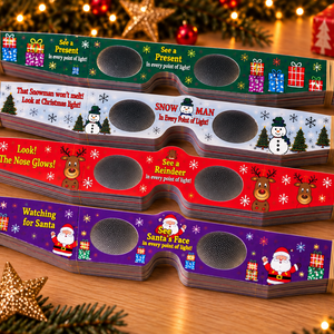 4 lot of Christmas Glasses bundles. Each bundle includes 25 pairs. The four bundles are Santa, Reindeer, Snowman, and Presents