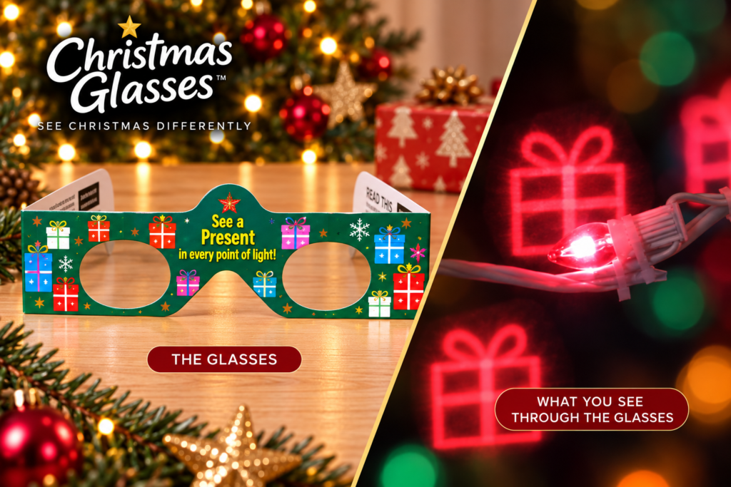 Presents Christmas Glasses image showing the glasses themselves and what you see when wearing. Every point of light transforms into an image of Christmas presents!