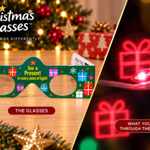 Presents Christmas Glasses image showing the glasses themselves and what you see when wearing. Every point of light transforms into an image of Christmas presents!
