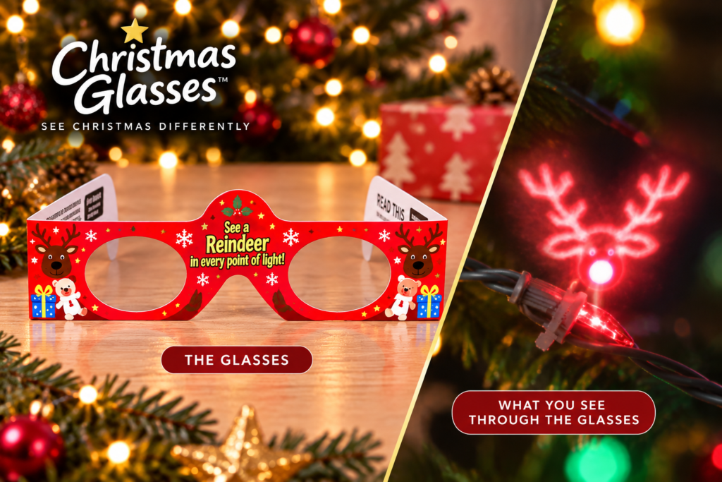 Reindeer Christmas Glasses image showing the glasses themselves and what you see when wearing. Every point of light transforms into an image of reindeer!