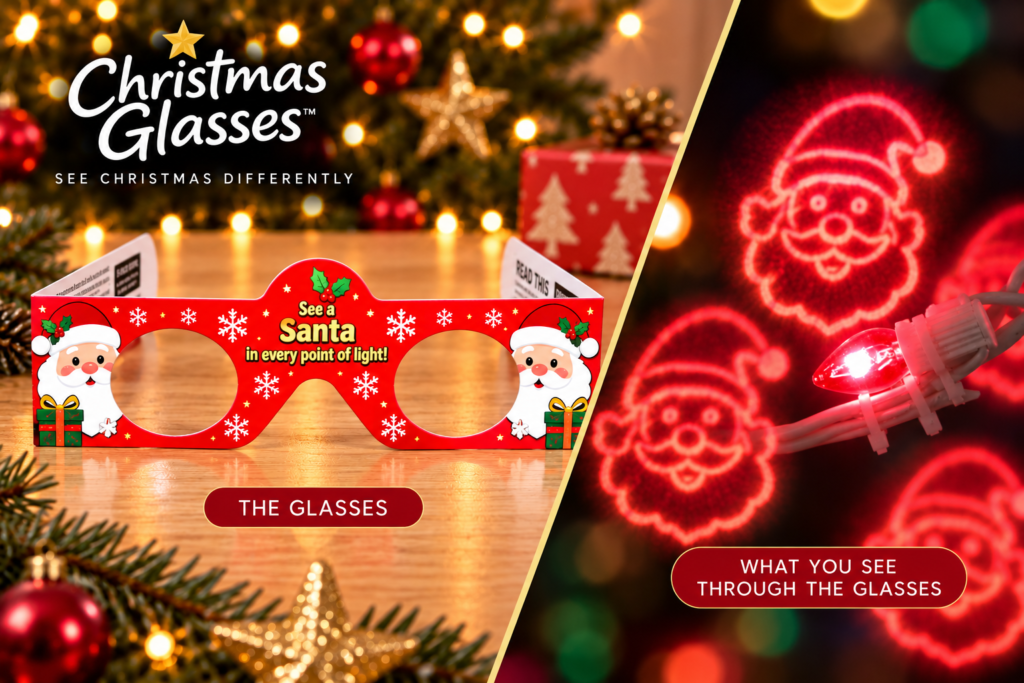 Santa Christmas Glasses image showing the glasses themselves and what you see when wearing. Every point of light transforms into an image of Santa!