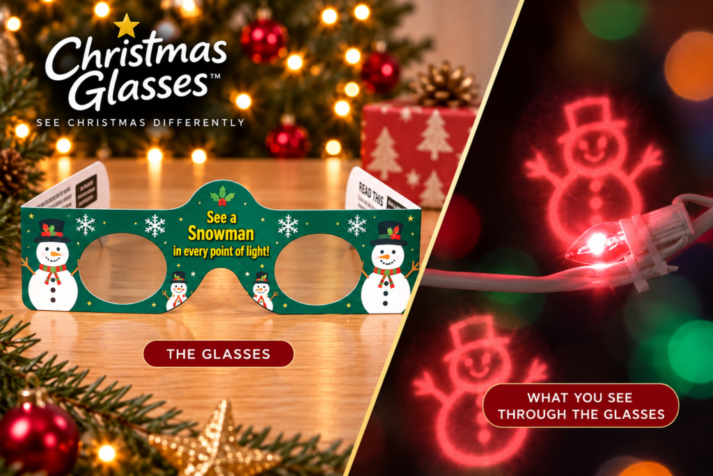 Snowman Christmas Glasses image showing the glasses themselves and what you see when wearing. Every point of light transforms into an image of snowmen!
